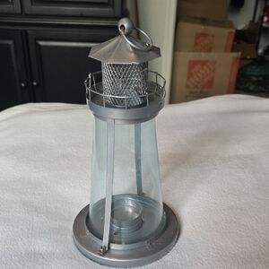 Metal and Glass Lighthouse Candle Holder - Silver